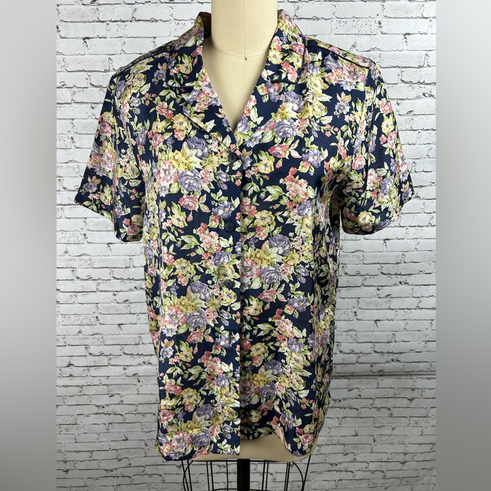 Anna & Frank vintage 100% silk floral short sleeve with shoulder pads shirt sz M
